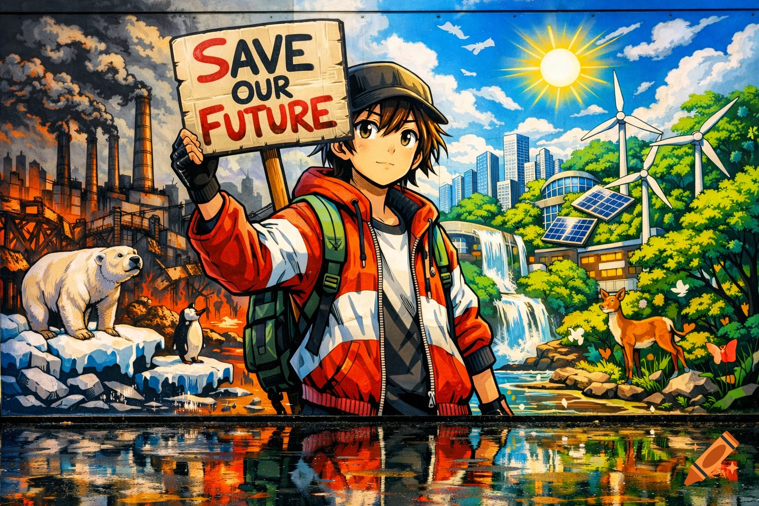 Anime street art mural: teenager with 'Save Our Future' sign divides polluted city from green, sustainable one with animals.