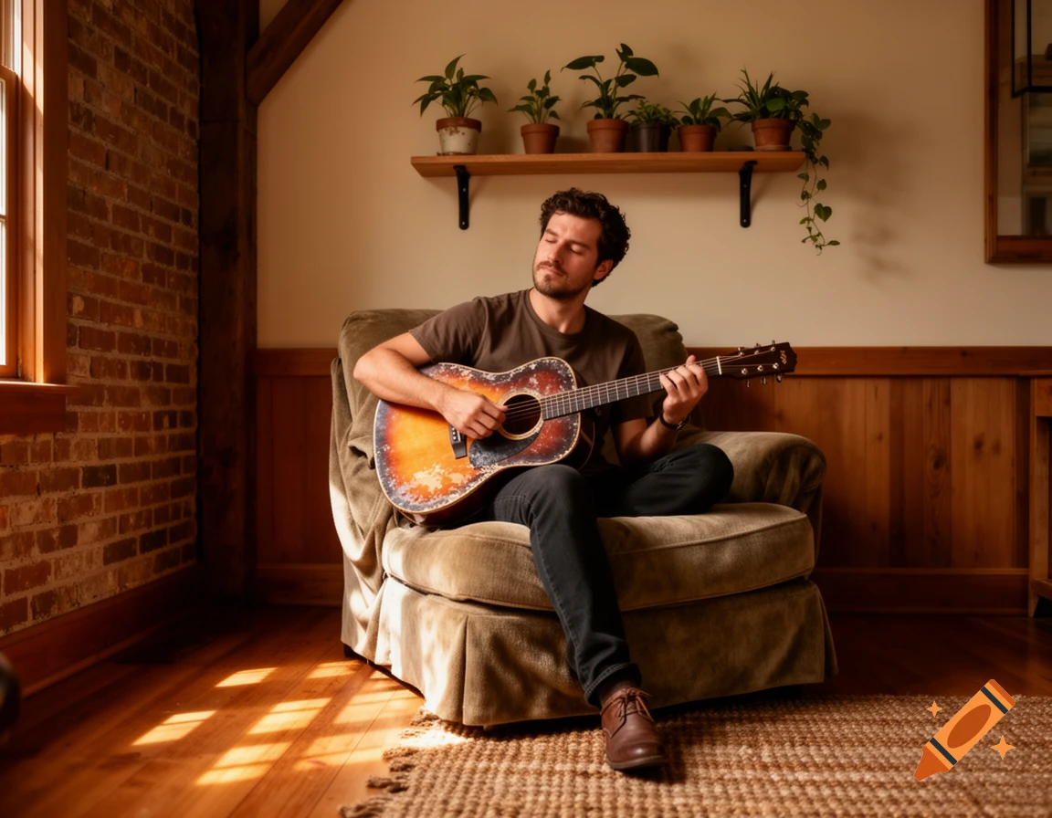 A man with a beard sits in an armchair, thoughtfully playing an acoustic guitar in a sunlit, cozy room with a brick wall and plants.
