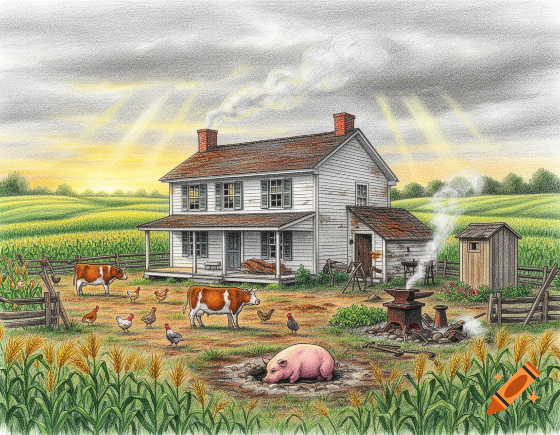 A detailed colored pencil drawing of a farm at sunset, featuring a white farmhouse, cows, chickens, a pig, cornfields, and a blacksmith forge.