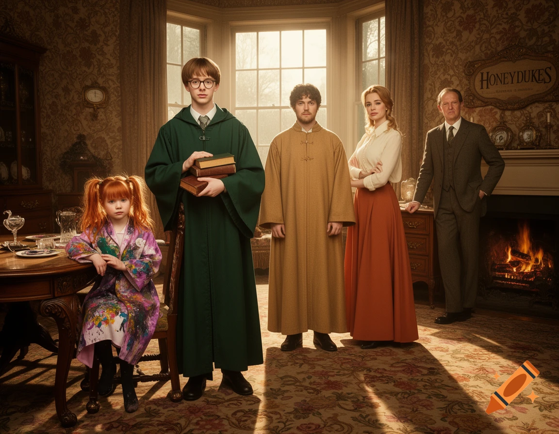 A family of five, including a young girl, three adults, and a teen boy in robes, stand in a grand room with a fireplace and large windows, in a photorealistic style.