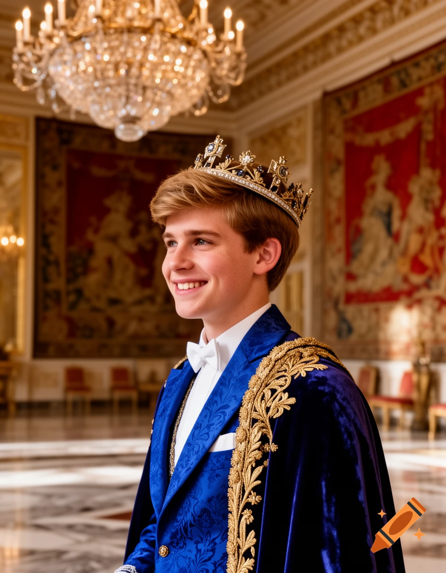 A photorealistic portrait of a smiling young prince in a blue and gold royal robe and crown, looking left in a grand hall.