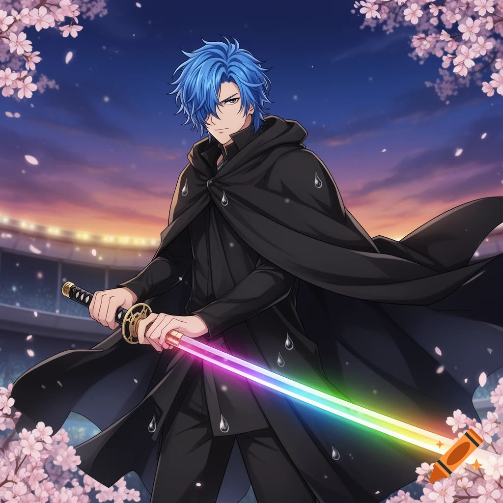 Blue-haired anime boy in a black cloak holding a rainbow katana, against a sunset with cherry blossoms.