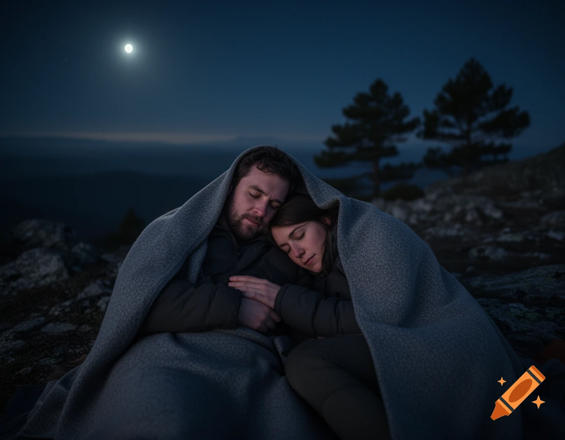 A photorealistic image of a couple sleeping embraced under a blanket outdoors at night, illuminated by a full moon.