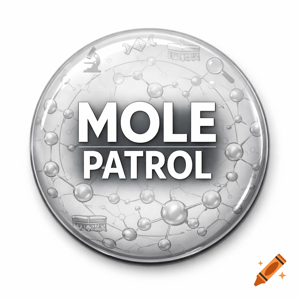 Glossy gray scientific button with "MOLE PATROL" text, molecular structures, and medical tools.