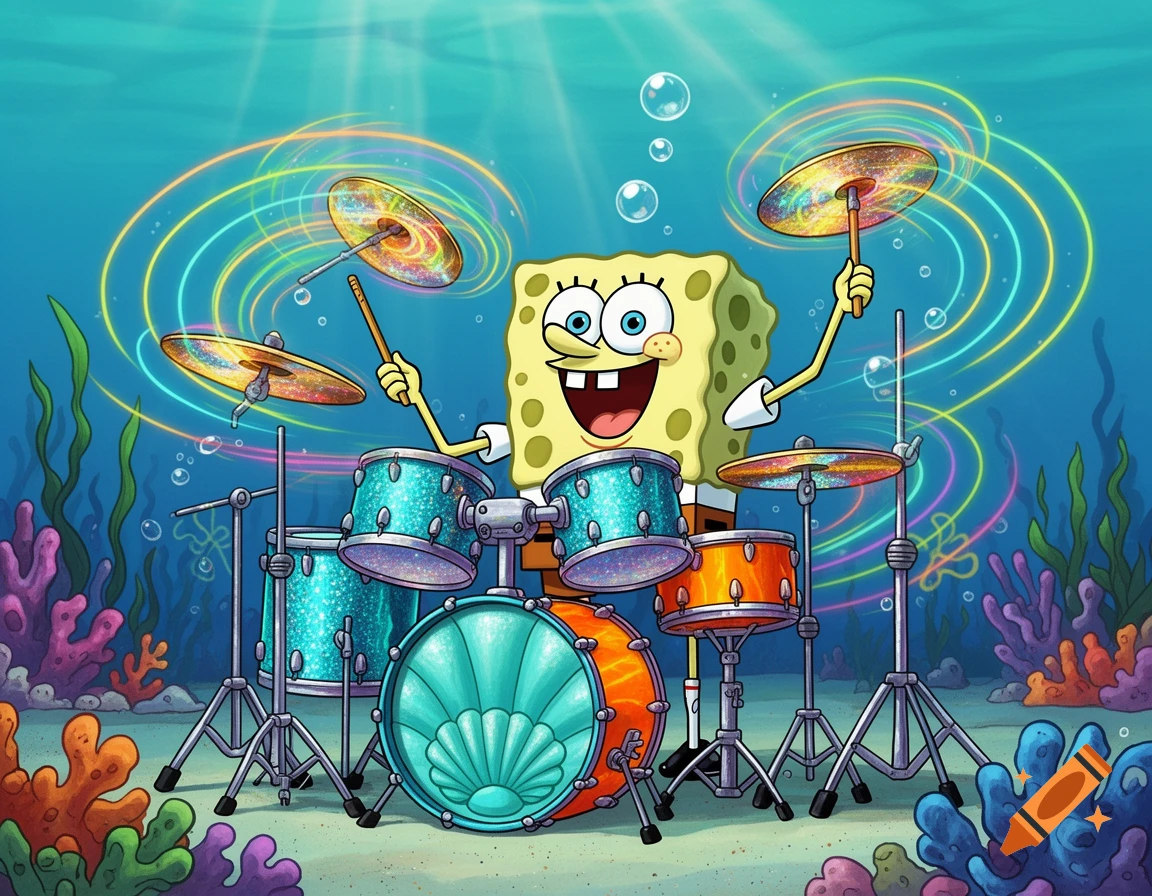 SpongeBob SquarePants happily plays a sparkling drum set underwater, surrounded by colorful coral and plants.
