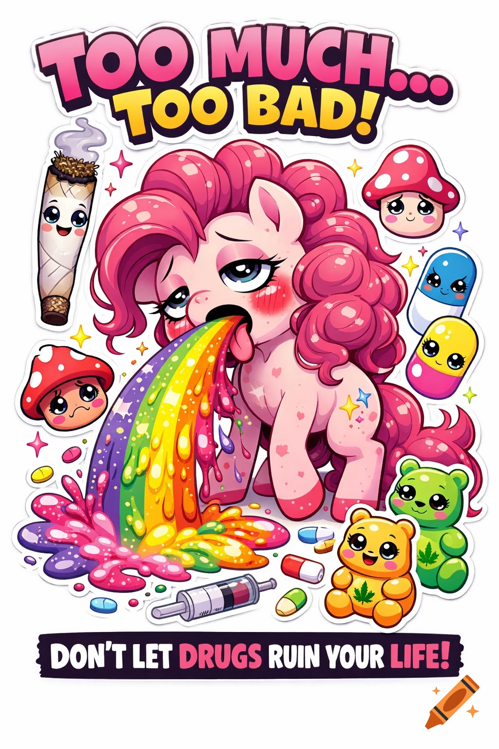 Kawaii illustration of Pinkie Pie pony vomiting a rainbow, surrounded by cartoon drug items. Text: "TOO MUCH... TOO BAD!" and "DON'T LET DRUGS RUIN YOUR LIFE!"