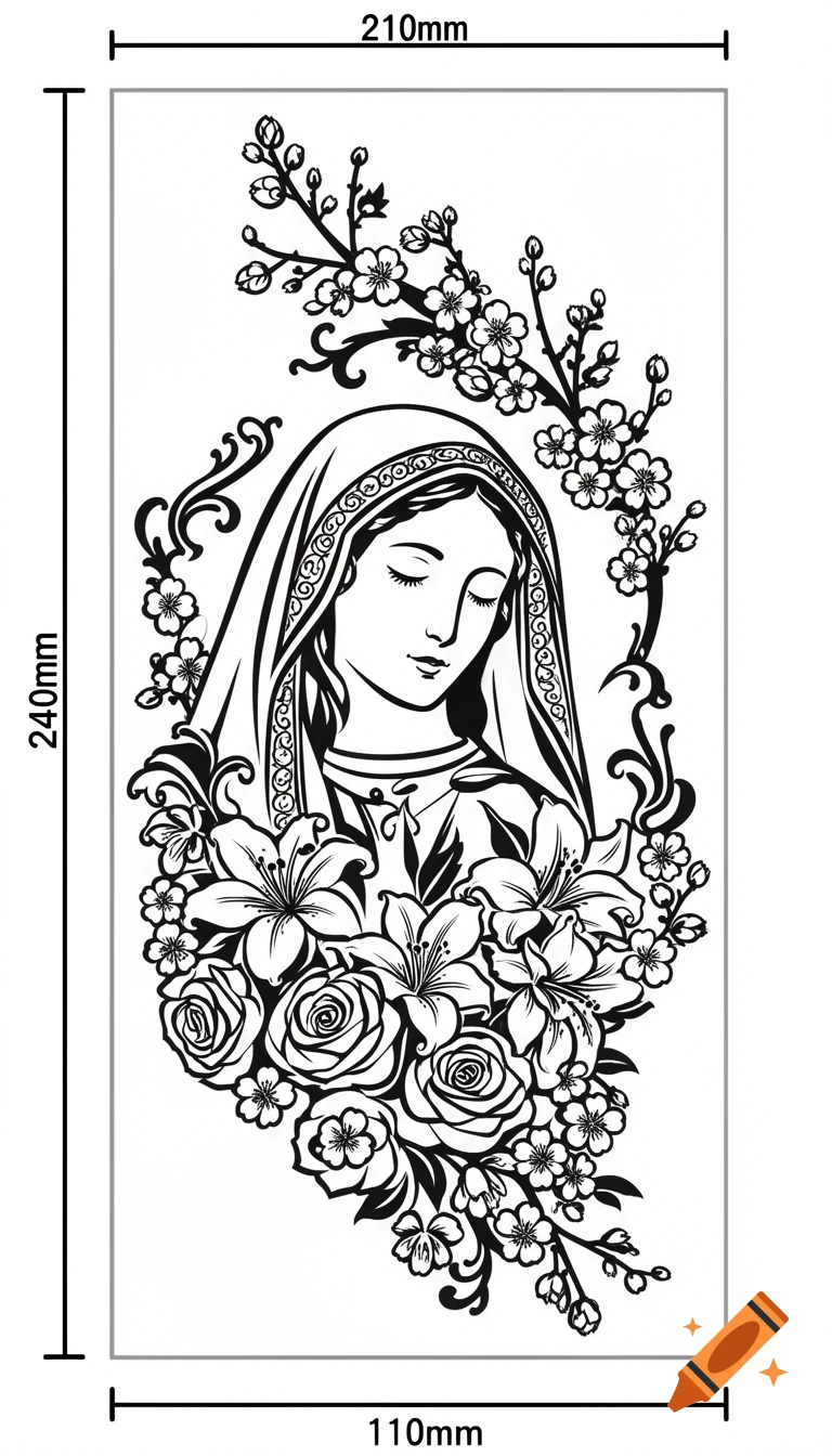 Black and white line art of the Virgin Mary with closed eyes, surrounded by roses, lilies, and cherry blossoms, in a stencil style.