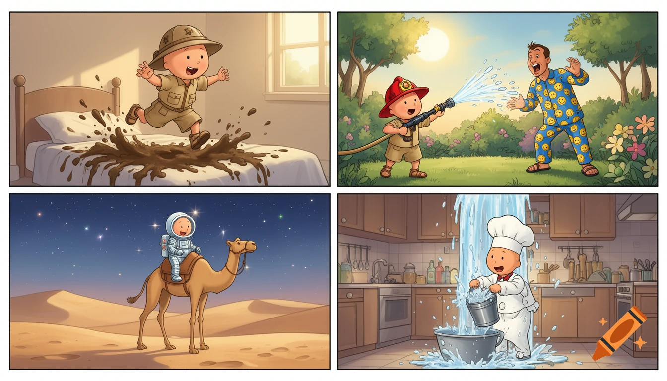 A four-panel cartoon comic strip featuring Caillou in various roles: jumping in mud, squirting water, riding a camel, and spilling water.