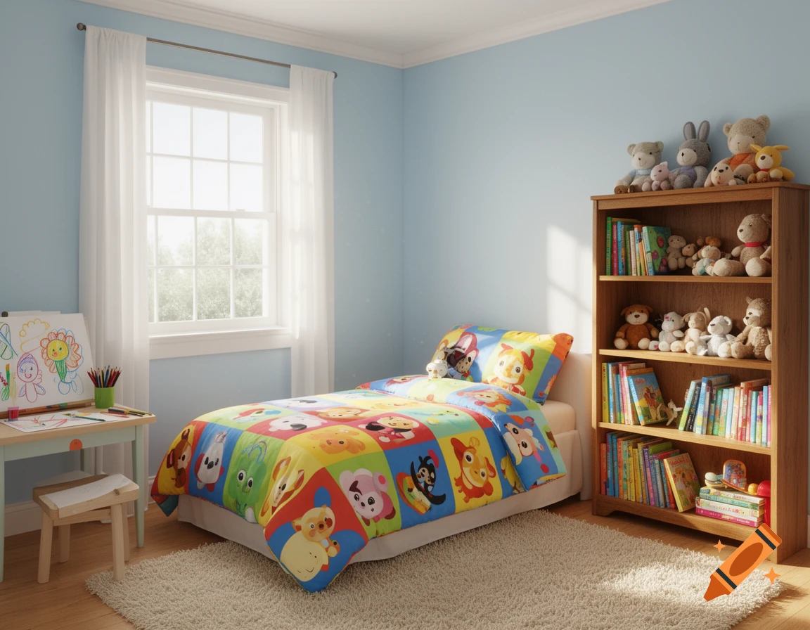 A bright, photorealistic child's bedroom with blue walls, a bed with a colorful cartoon duvet, a bookshelf, and an art desk.
