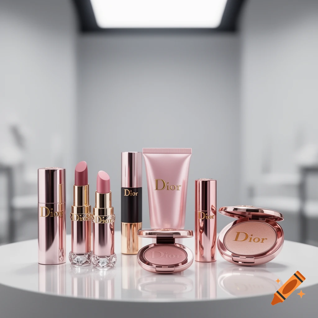 A photorealistic close-up of various Dior cosmetics in pink and gold, including lipsticks, a tube, and compacts, on a reflective white surface.