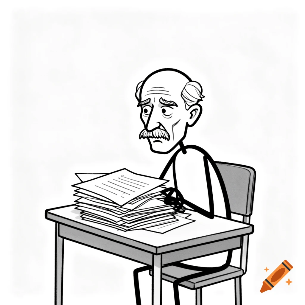 An elderly stick-figure man with a mustache and receding hairline sits sadly at a desk, looking at a tall stack of papers. The drawing is in a simple black and white comic style.