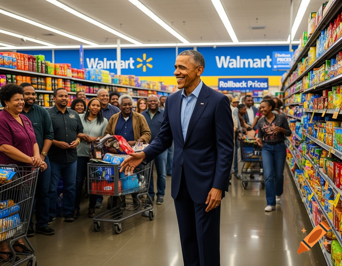 Barack Obama smiles, extending his hand in a Walmart aisle, surrounded by diverse shoppers and fully stocked shelves.