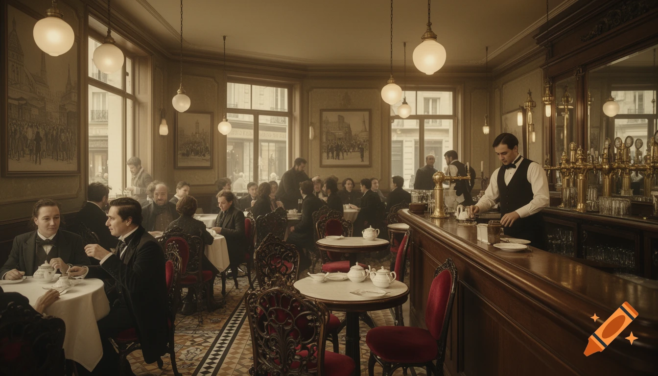 A photorealistic, cinematic shot of a bustling Parisian bistro interior in 1865, with customers at tables and a bartender.