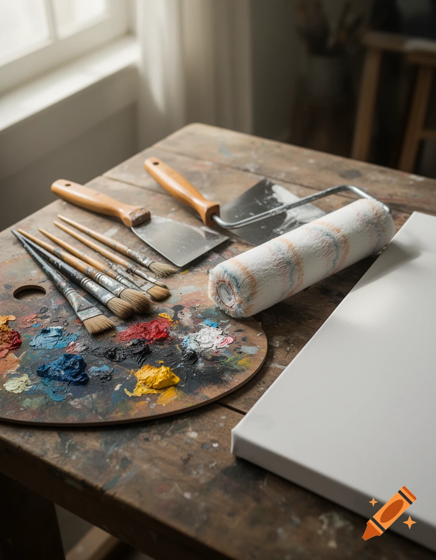 A still life composition of various painting tools, including a palette with colorful paints, brushes, spatulas, a paint roller, and a blank canvas on a wooden table.