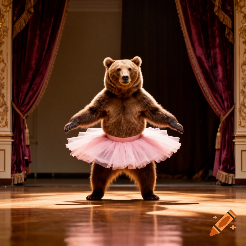 A photorealistic brown bear wearing a pink tutu poses with outstretched arms on a wooden stage with red velvet curtains.