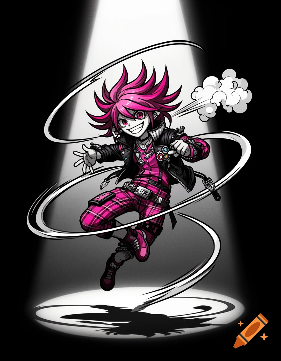 Energetic Danganronpa-style anime boy with spiky pink hair and a punk outfit leaping in a spotlight with a comic smoke puff.