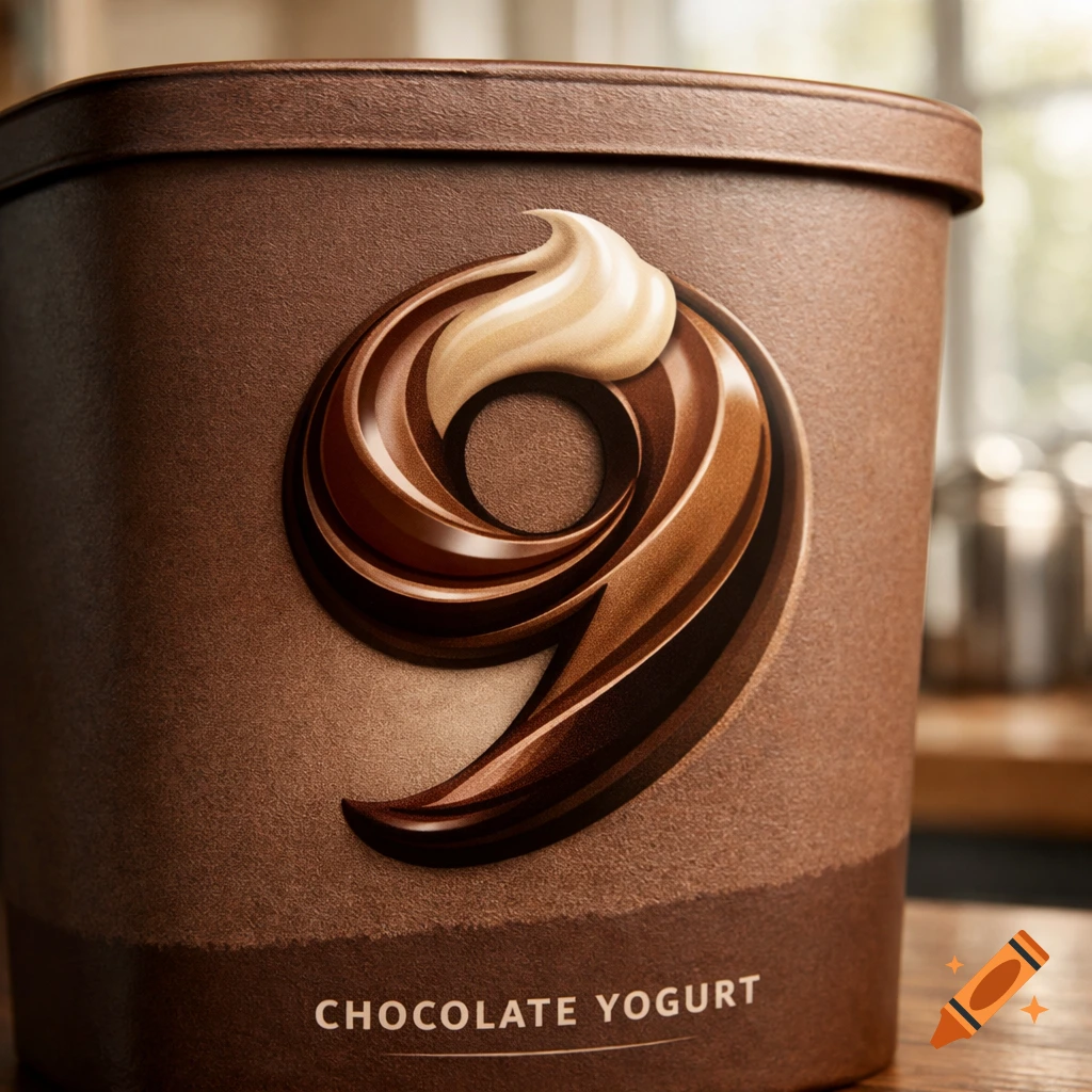 Photorealistic close-up of a brown chocolate yogurt container with a stylized chocolate swirl logo and a dollop of cream, on a wooden surface.