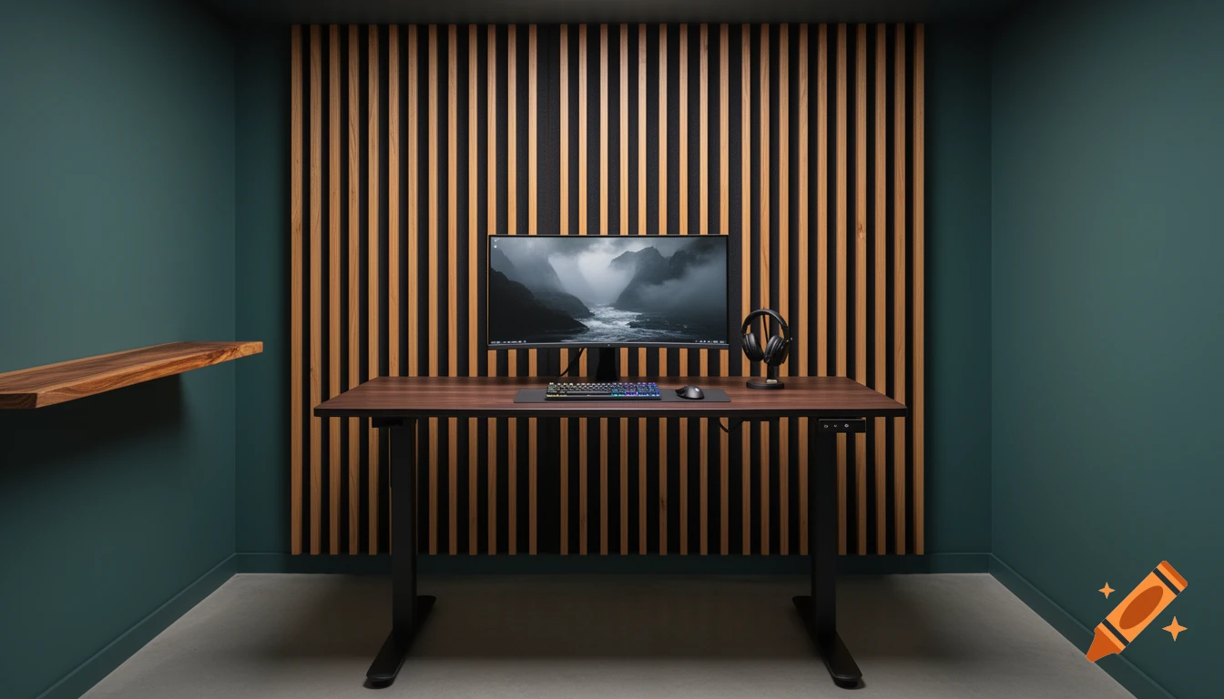 A modern, minimalist workspace features a standing desk, ultrawide monitor, gaming peripherals, and a slatted wood wall.