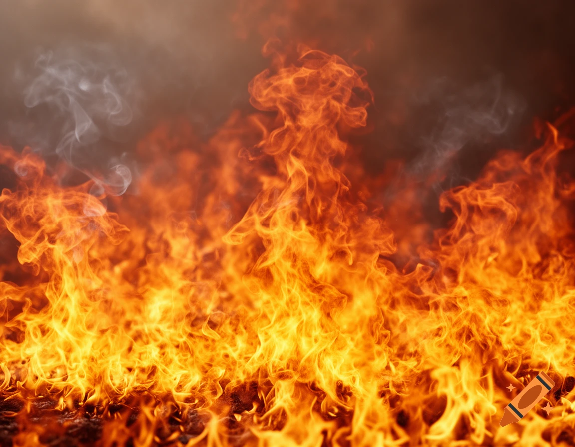 A vibrant field of orange and yellow flames with smoke rising, viewed from the front.