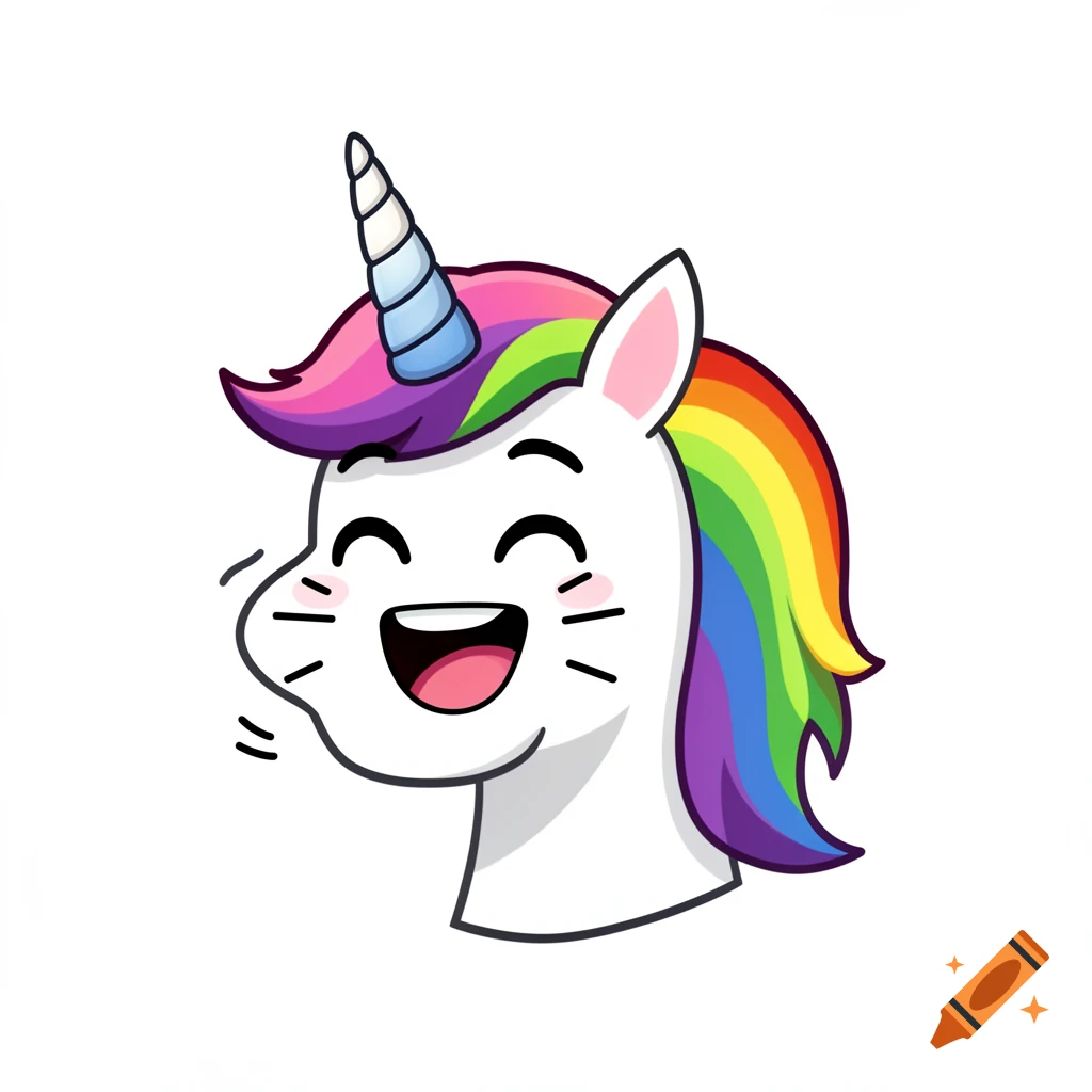A cartoon white unicorn head emoji with a rainbow mane and horn, laughing with a wide open mouth.