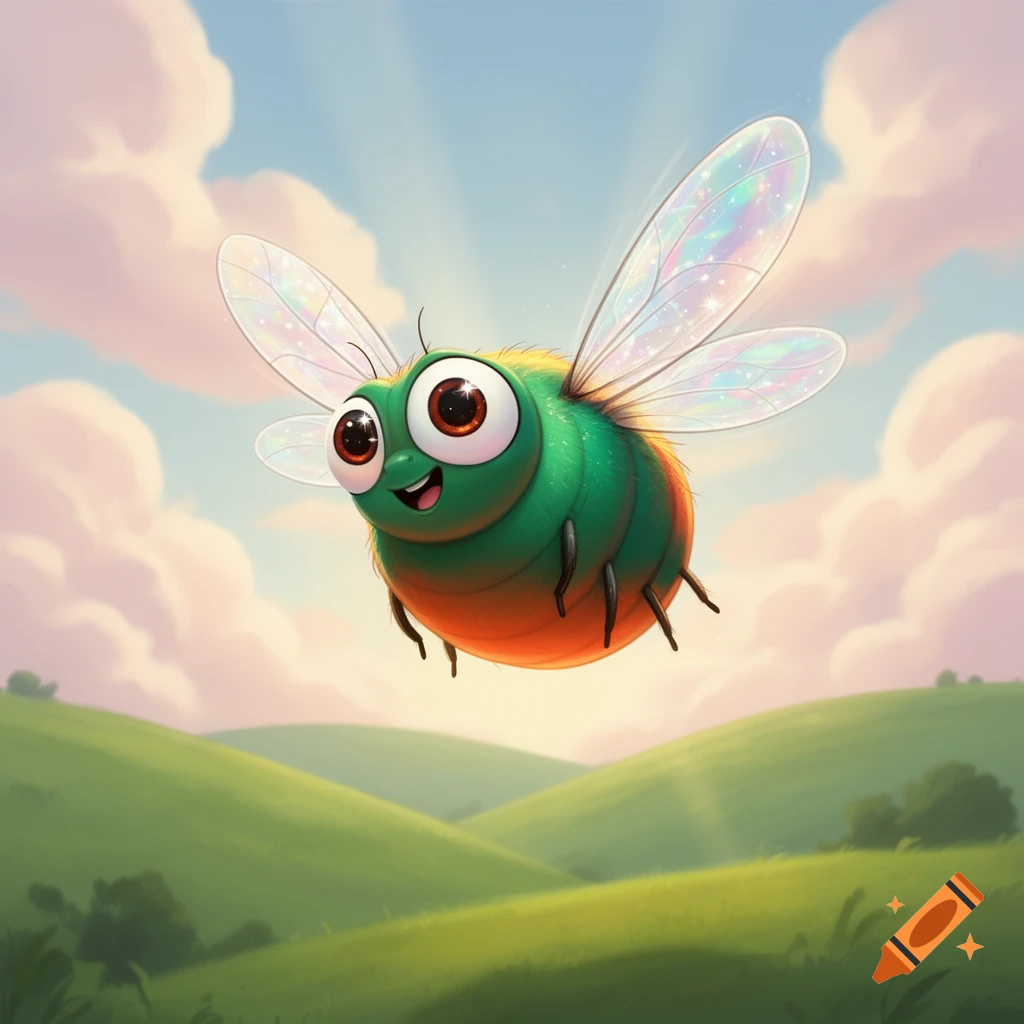 A cute, green and orange cartoon fly with big eyes and sparkly wings flies over rolling green hills under a cloudy sky.