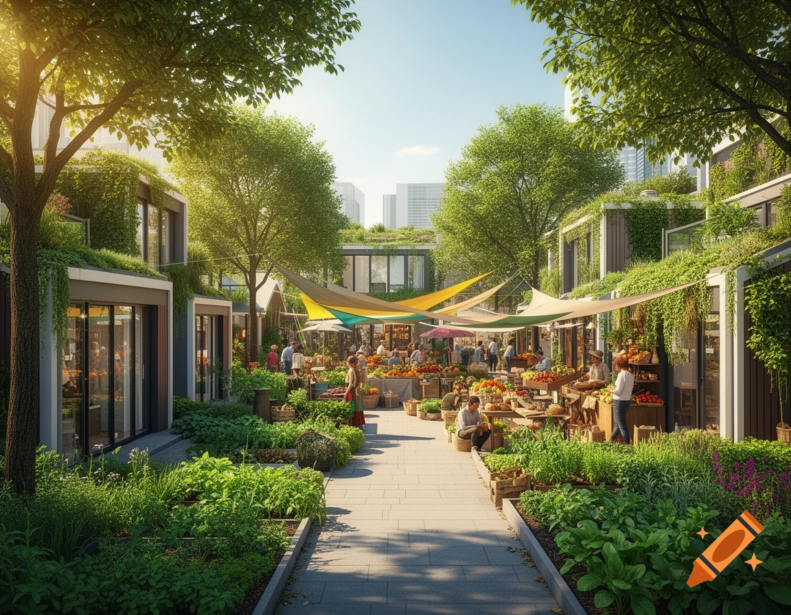 Vibrant outdoor market in a green urban neighborhood with tiny houses, shared gardens, and people browsing produce under colorful awnings.