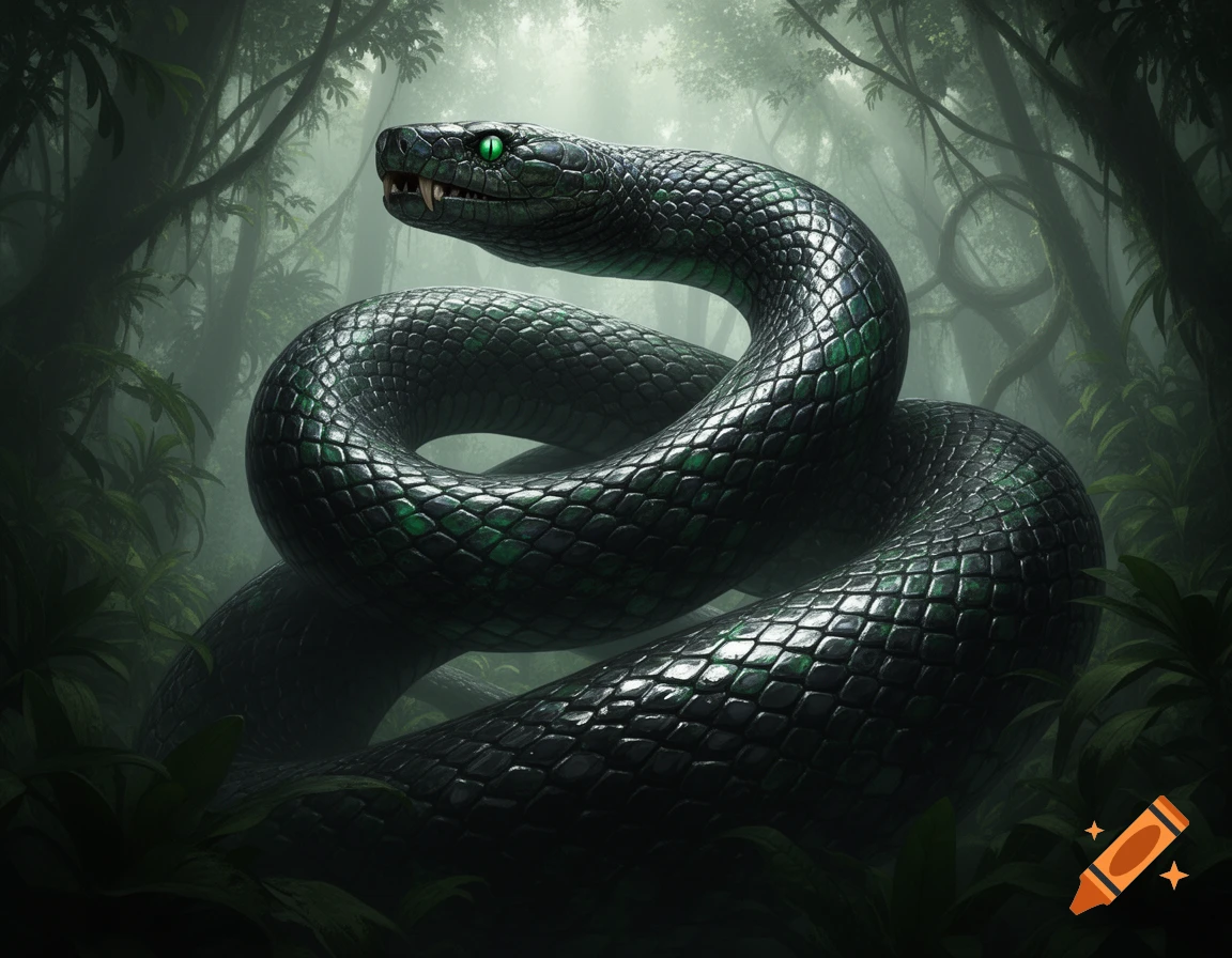 A large, dark-scaled snake with glowing green eyes and visible fangs coiled in a misty, dense jungle with sunlight filtering through.