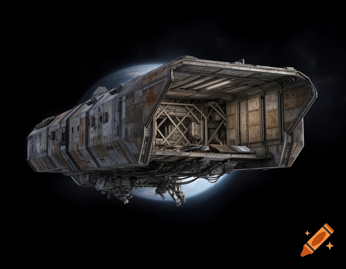 A detailed, weathered, angular space freighter with an open docking bay, orbiting a blue planet against a starry black sky.