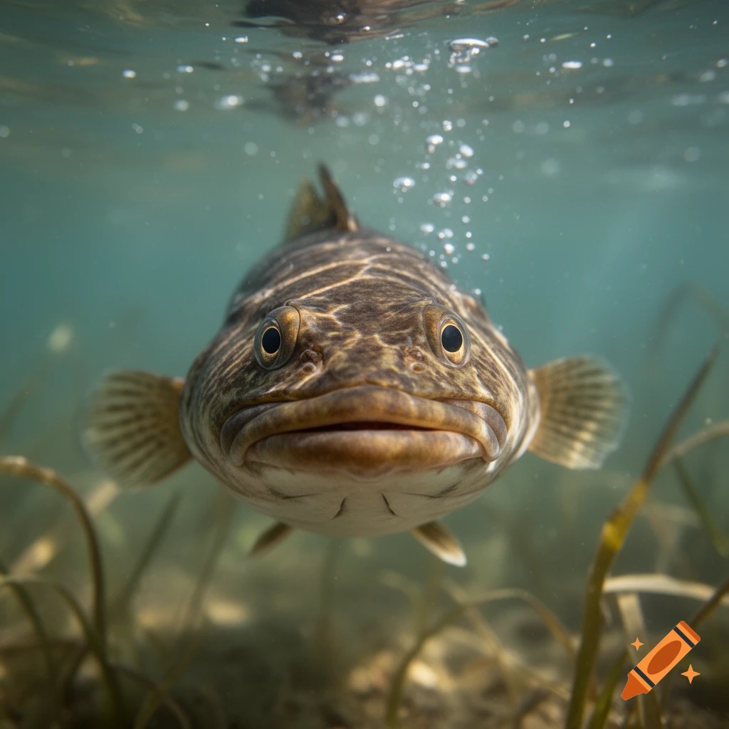 Photorealistic close-up of a brown and white codfish with a slight smirk, facing forward underwater amidst bubbles and plants.