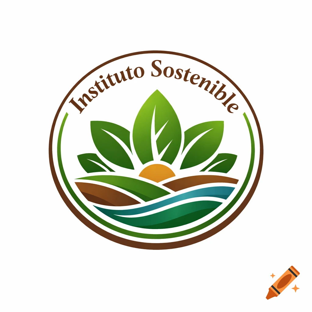 Circular logo with green leaves, a sun, hills, and water, bordered by 'Instituto Sostenible' text.