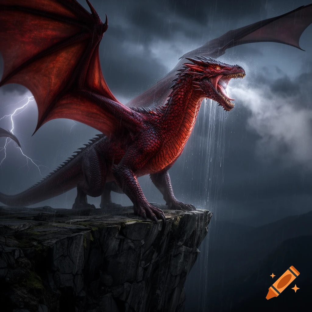 A powerful red dragon with large wings roars on a rocky cliff edge amidst a stormy night with rain and lightning.