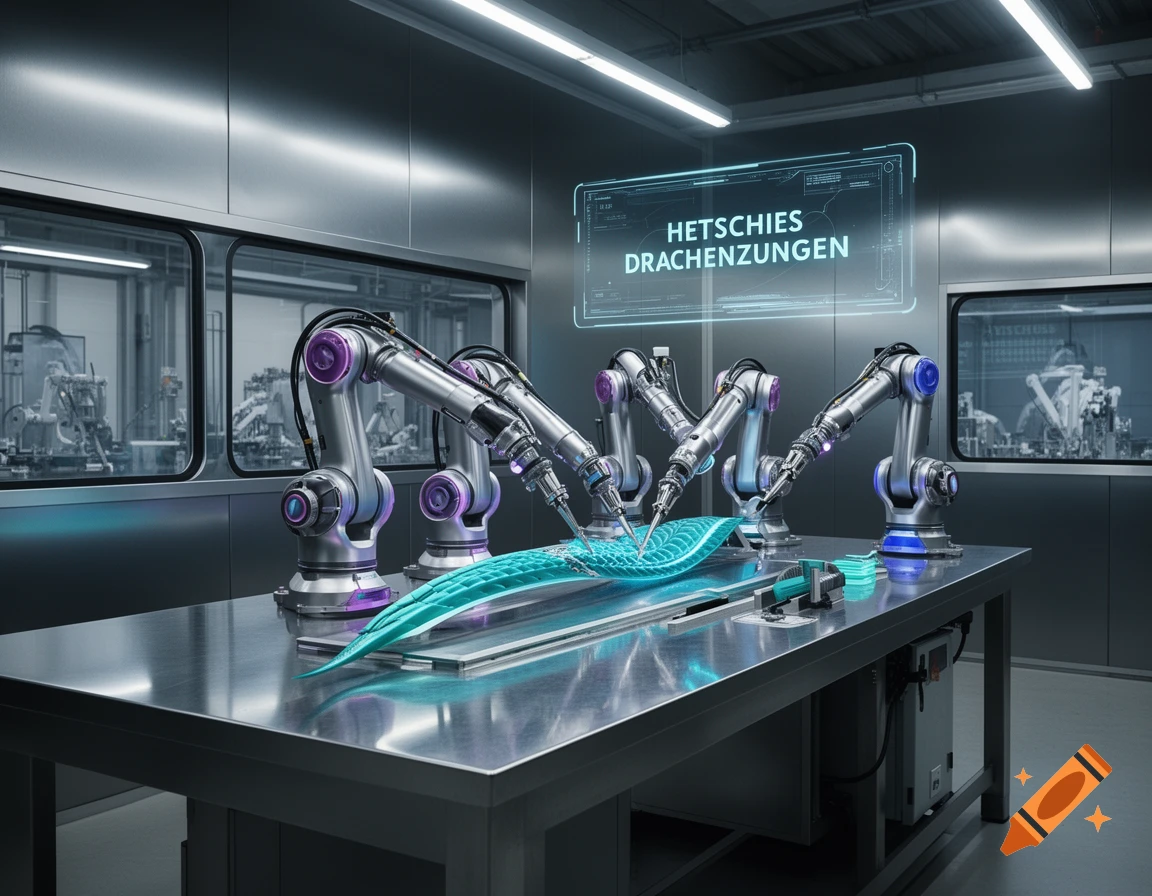 Robotic arms in a futuristic lab work on a glowing turquoise serpentine object, with a holographic display overhead.