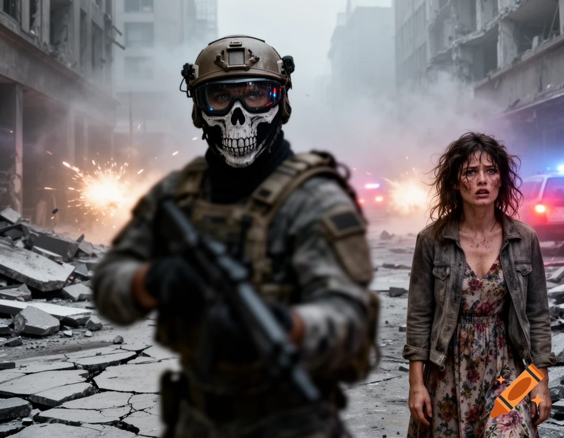 A soldier in a skull mask stands in a war-torn city with a terrified woman and distant explosions.