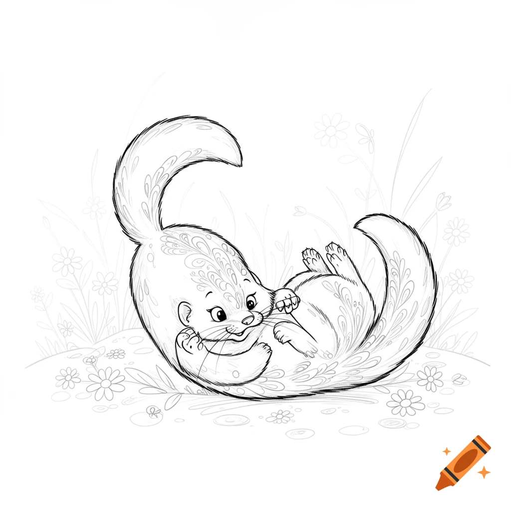 A black and white line drawing of a cute ermine rolling on its back in a field of wildflowers, ready for coloring.