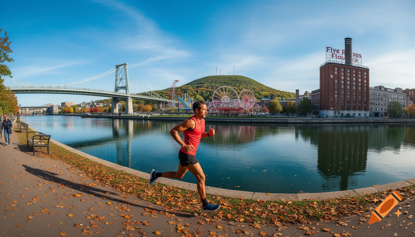 A man jogs on a path with autumn leaves by a river, with the Jacques Cartier Bridge, Mont Royal, La Ronde, and Five Roses Flour factory in the background.