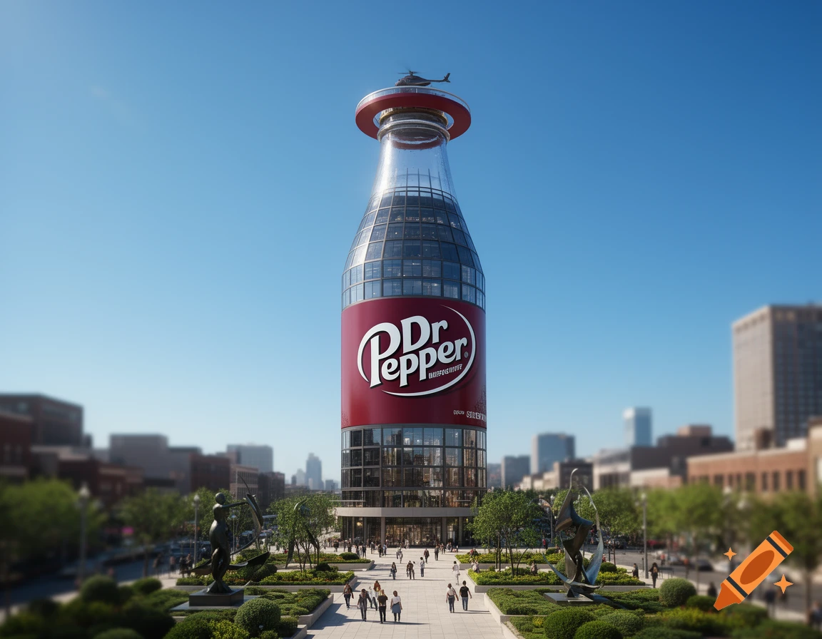 A giant Dr. Pepper bottle shaped like a modern office building stands tall in a city plaza with people walking around, under a clear blue sky.
