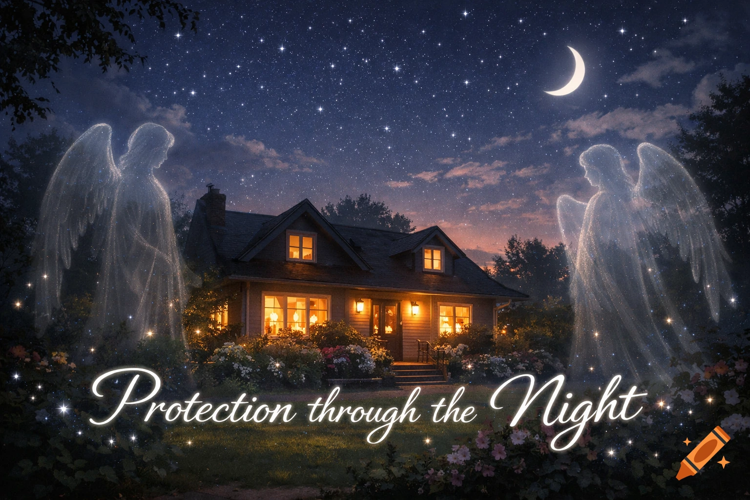 A cozy house with lit windows at night, flanked by shimmering angelic figures under a starry sky with a crescent moon and text 'Protection through the Night'.