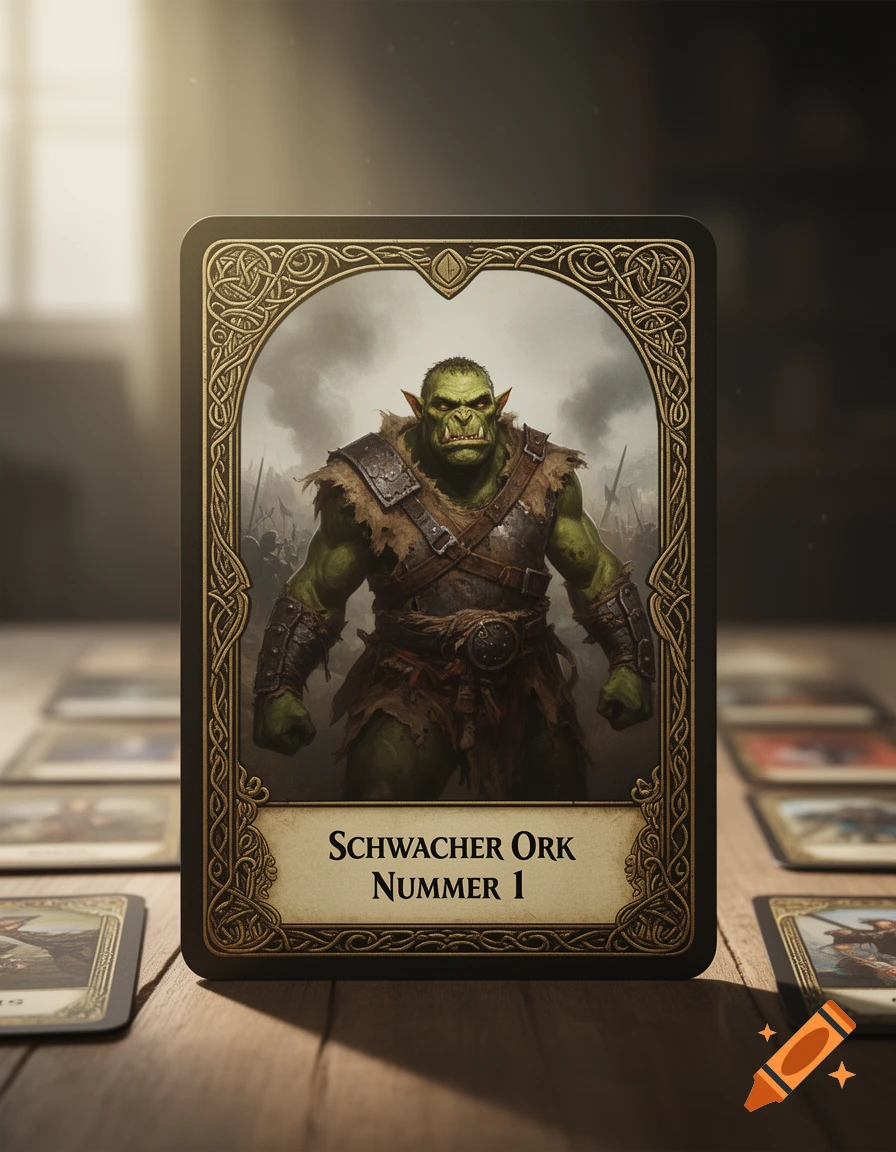 A fantasy playing card featuring a green-skinned orc in leather armor, with text 'SCHWACHER ORK NUMMER 1' on a wooden table.