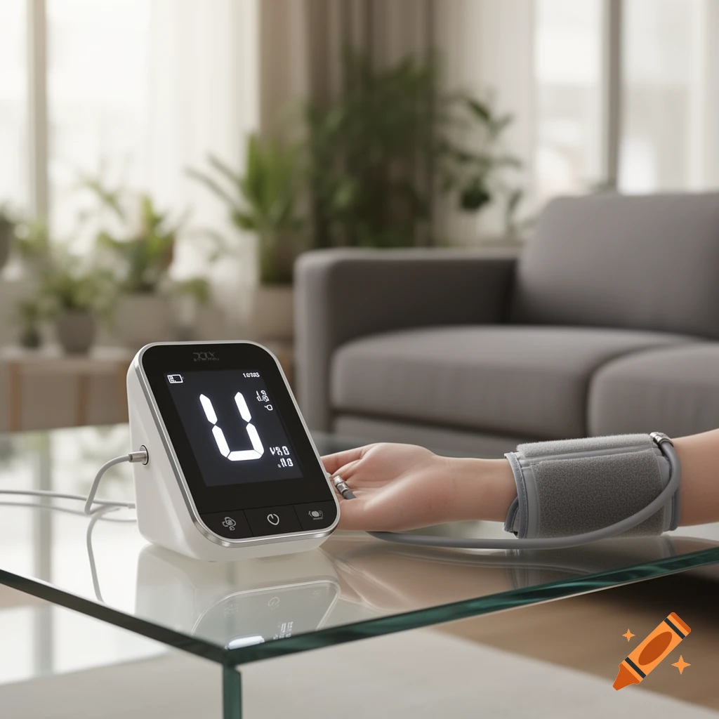 A white and silver blood pressure monitor showing a large 'U' on its screen sits on a glass table as a person's wrist, wearing a grey cuff, rests beside it.