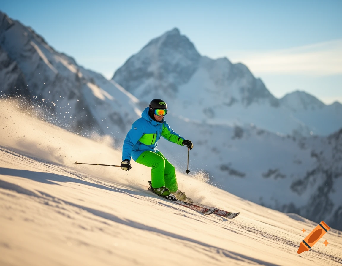A skier in blue and green gear carves down a snow-covered mountain slope under a clear sky.