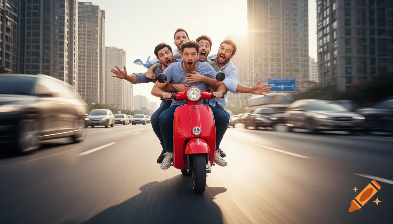 Five men comically crowded on a red electric scooter, riding on a busy city highway with motion blur, under a bright sun. Photorealistic.