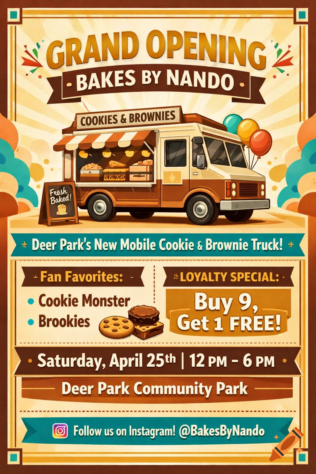 A colorful retro-style flyer announces the grand opening of Bakes By Nando, a mobile cookie and brownie truck, featuring a cartoon food truck, baked goods, and event details.