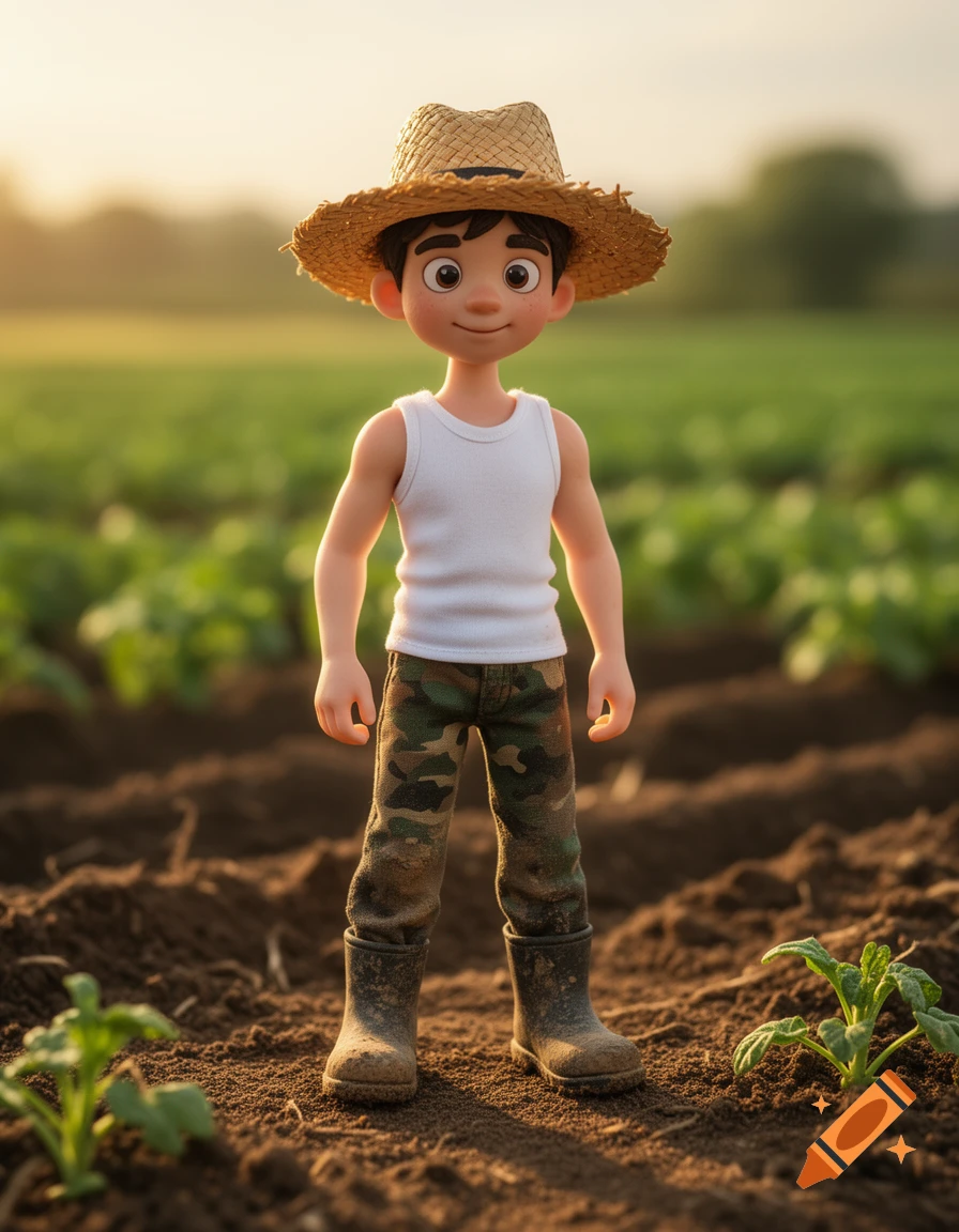 A stop-motion style cartoon farmer boy in a straw hat, white tank top, camo pants, and boots stands in a field at sunset.