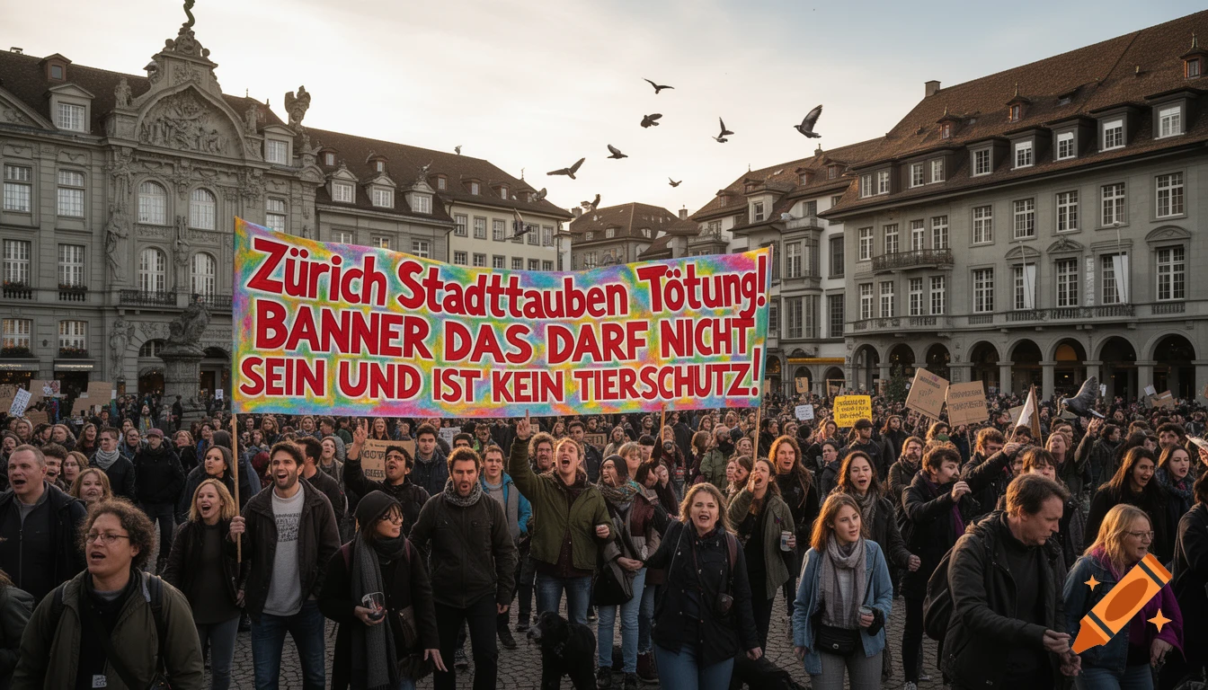 A large crowd of people holding a banner and signs during a protest in a city square at sunset, with birds flying overhead.
