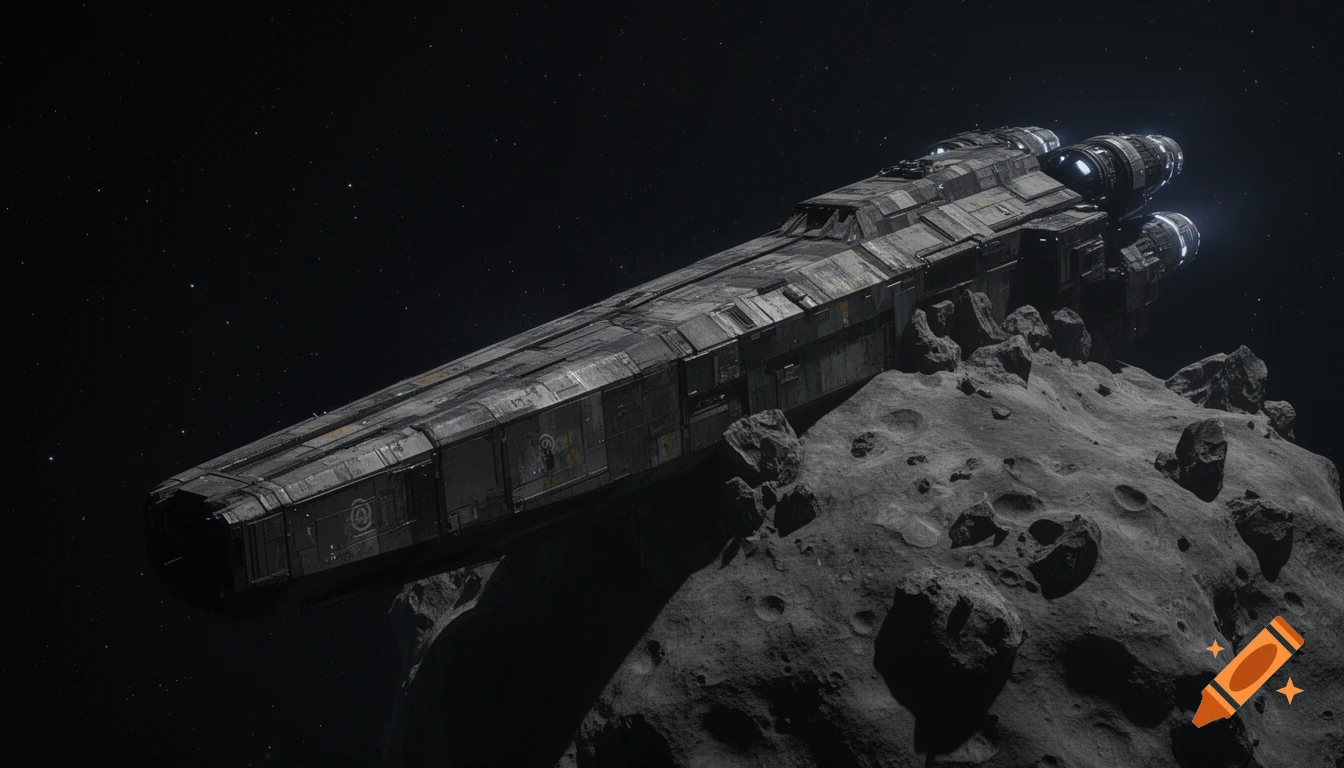 A long, dark gray spaceship with worn armor plating rests on a large, cratered asteroid in deep space, glowing engines visible at its rear.