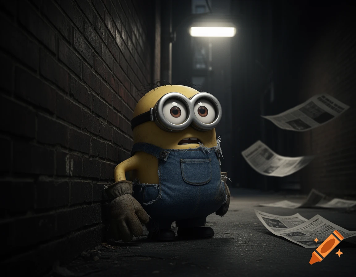 A scared Minion in torn overalls and work gloves stands in a dark, dirty alley with flying newspapers, lit by a single overhead light.