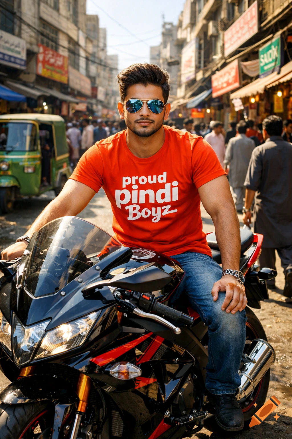 A young man in a red t-shirt with 'proud pindi Boyz' and sunglasses sits on a black motorcycle in a bustling market street.