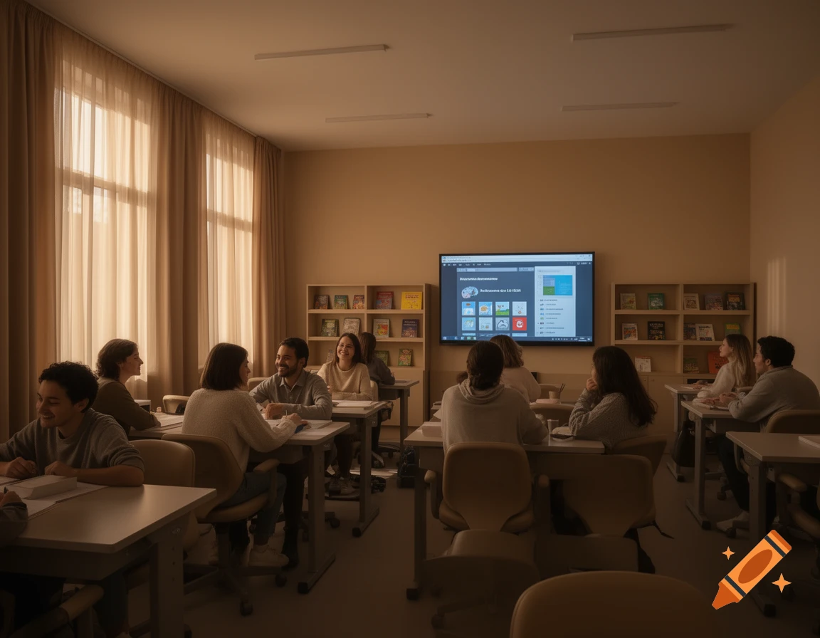 A classroom with several students seated at desks, looking at each other and a large digital screen at the front.