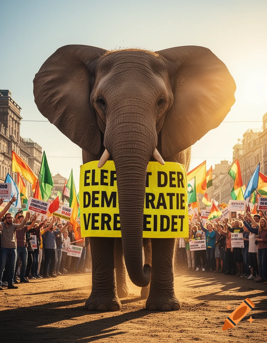 A large elephant stands in a street protest, wearing a yellow banner that reads "ELEFANT DER DEMOKRATIE VERBREITET", surrounded by people holding flags and signs.
