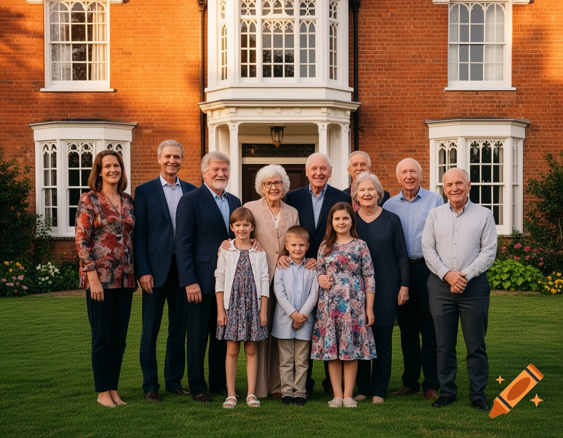 A large family poses on a green lawn in front of a red brick house.